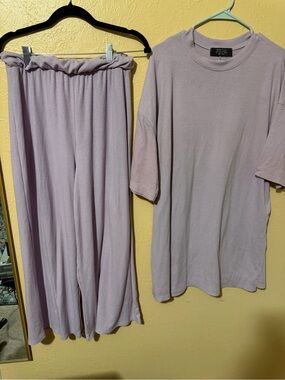 Lala Lavender Ribbed Loungewear Set - Top & Wide Leg Pants